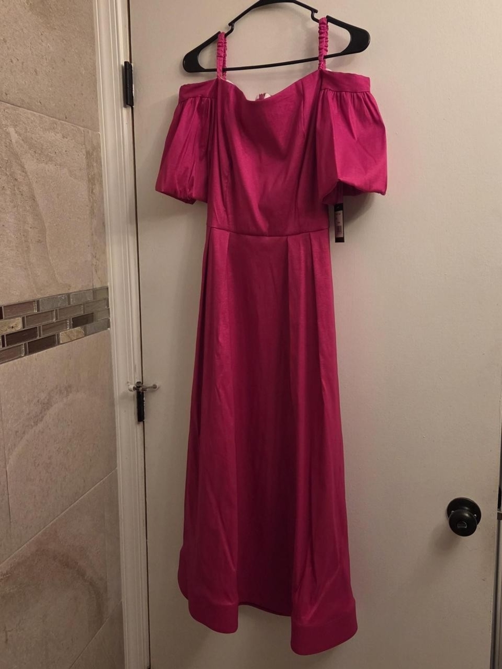 MARINA Hot Pink Off-Shoulder Maxi Dress with Puff Sleeves
